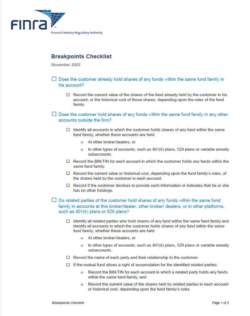 BD- FINRA Mutual Fund Breakpoints Checklist Template