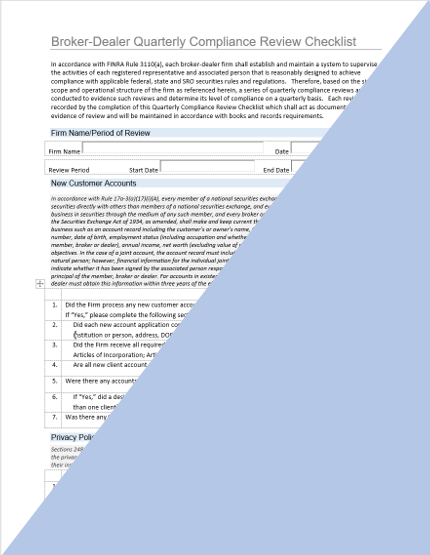 BD- Broker-Dealer Quarterly Compliance Review Checklist