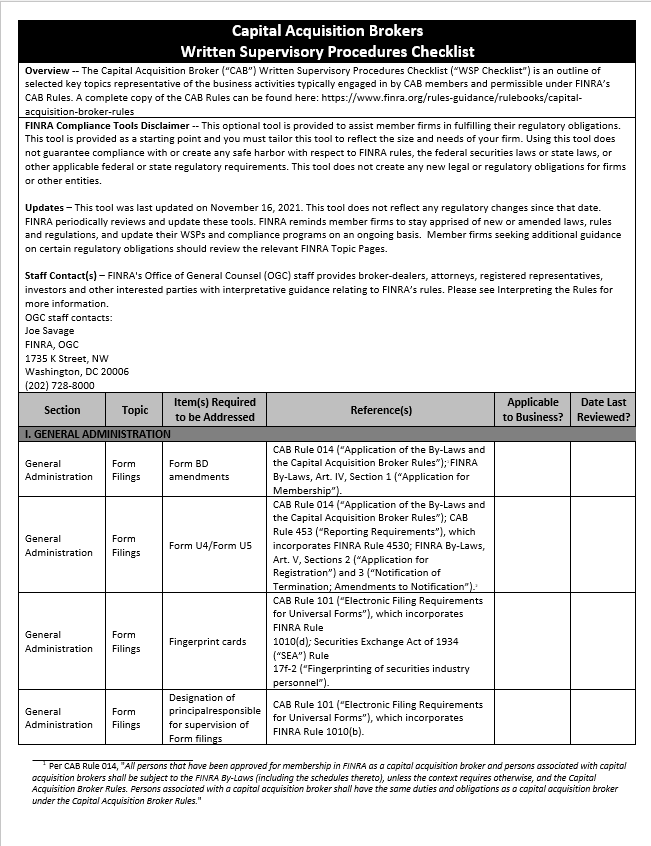 BD- FINRA CAB Written Supervisory Procedures Checklist (Excel)