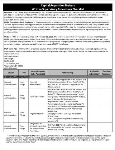 BD- FINRA CAB Written Supervisory Procedures Checklist (PDF)