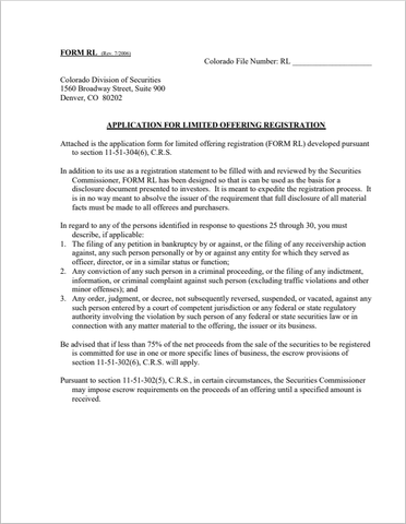 CO- Colorado Application for Limited Offering Registration Form-RL