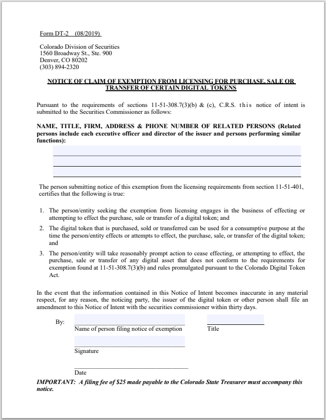 CO- Colorado Notice of Claim of Exemption from Lic. of Certain Digital Tokens Form DT-2