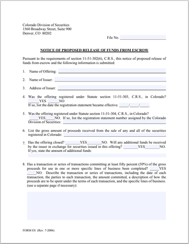 CO- Colorado Notice of Proposed Release of Funds from Escrow Form-ES