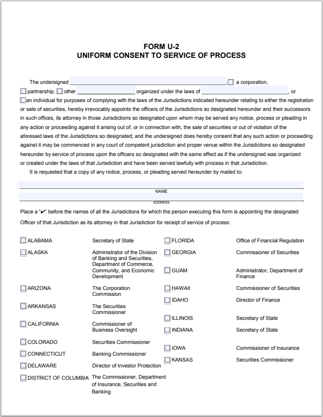 CO- Colorado Uniform Consent to Service of Process Form U-2