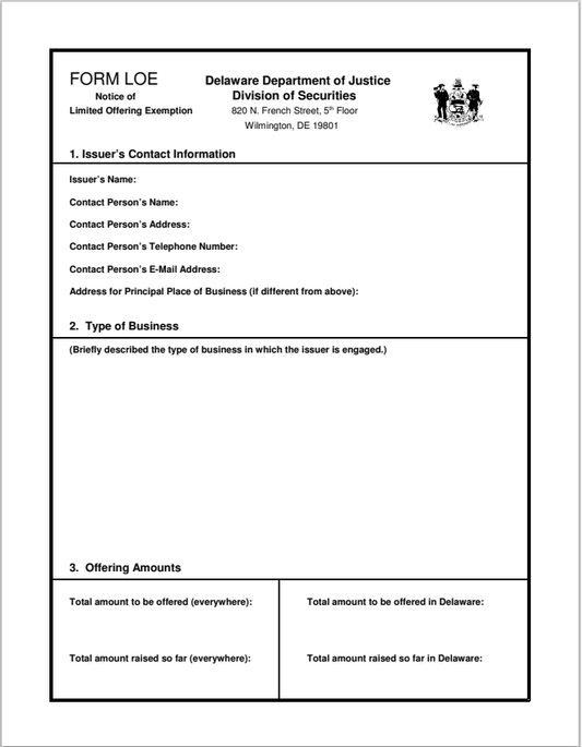 DE- Delaware Notice of Limited Offering Exemption Form-LOE