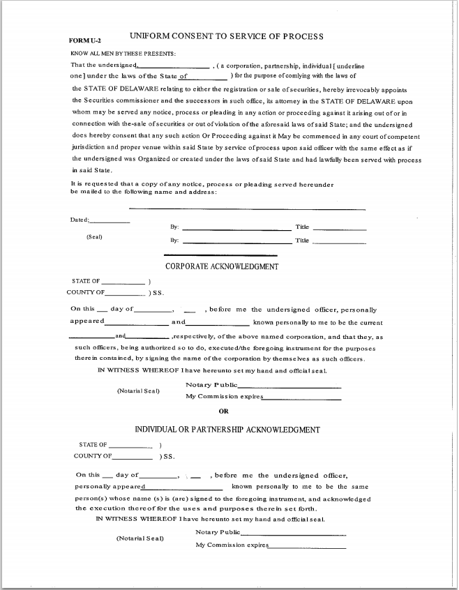 DE- Delaware Uniform Consent to Service of Process Form U-2