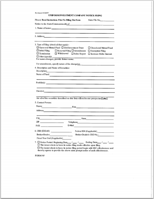 DE- Delaware Uniform Investment Company Notice Filing Form-NF