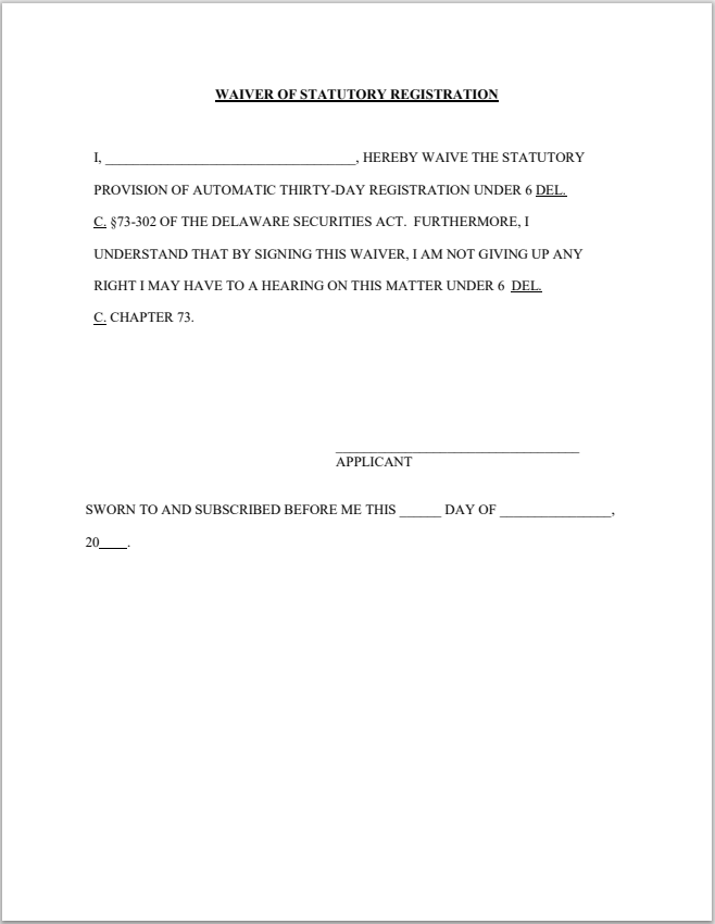 DE- Delaware Waiver of Statutory Registration Form