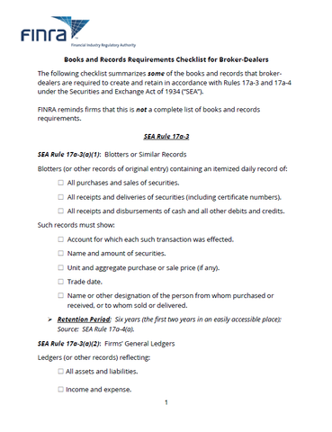 BD- FINRA Books and Records Requirements Checklist