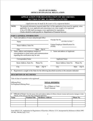 FL- Florida Application for Registration of Securities Form OFR-S-1-91