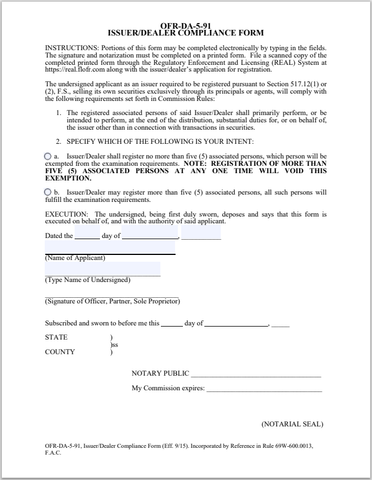 FL- Florida Issuer-Dealer Compliance, Form OFR-DA-5-91