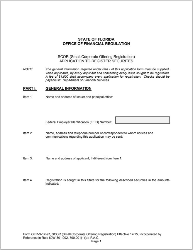 FL- Florida Small Corporate Offering Registration (SCOR) Form OFR-S-12-97