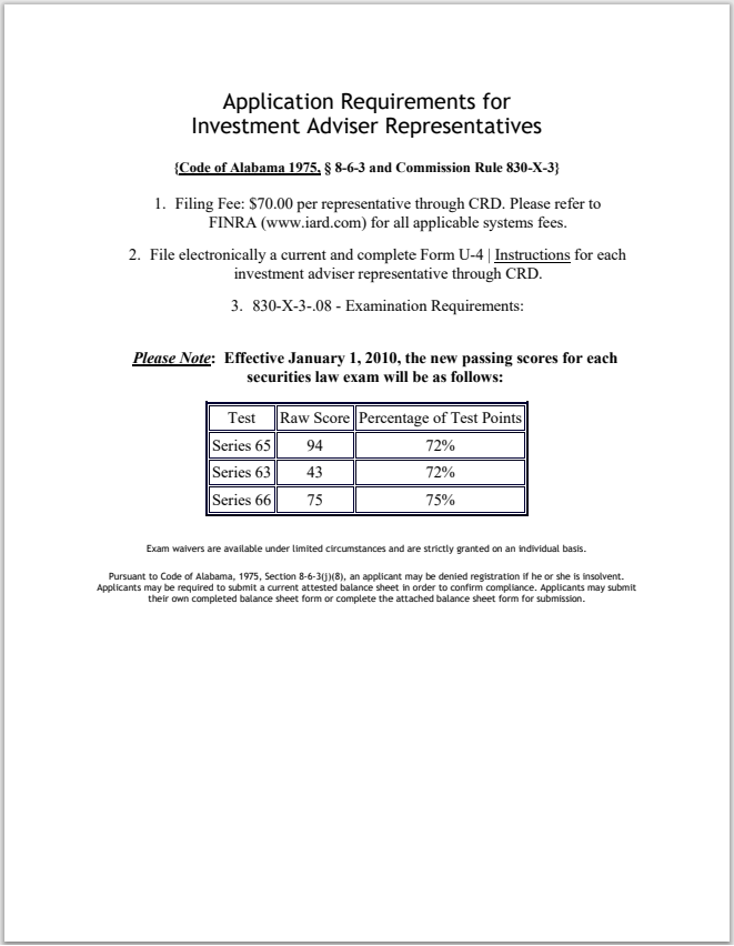 IA- Alabama Investment Adviser Representative Registration Requirements