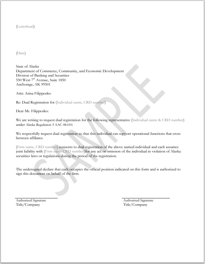 IA- Alaska Dual Registration as an IA Representative and a B-D Salesperson Sample Letter