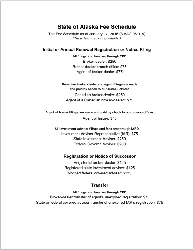 IA- Alaska Investment Adviser Registration Fee Schedule