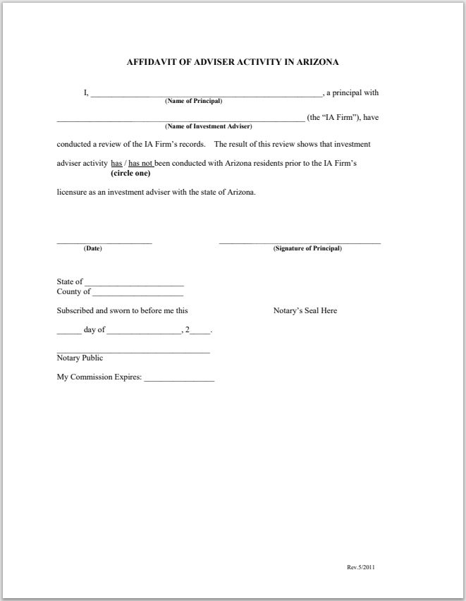 IA- Arizona Investment Adviser Affidavit of Adviser Activity Form