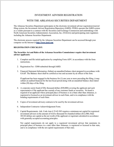 IA- Arkansas Investment Adviser Registration Requirements