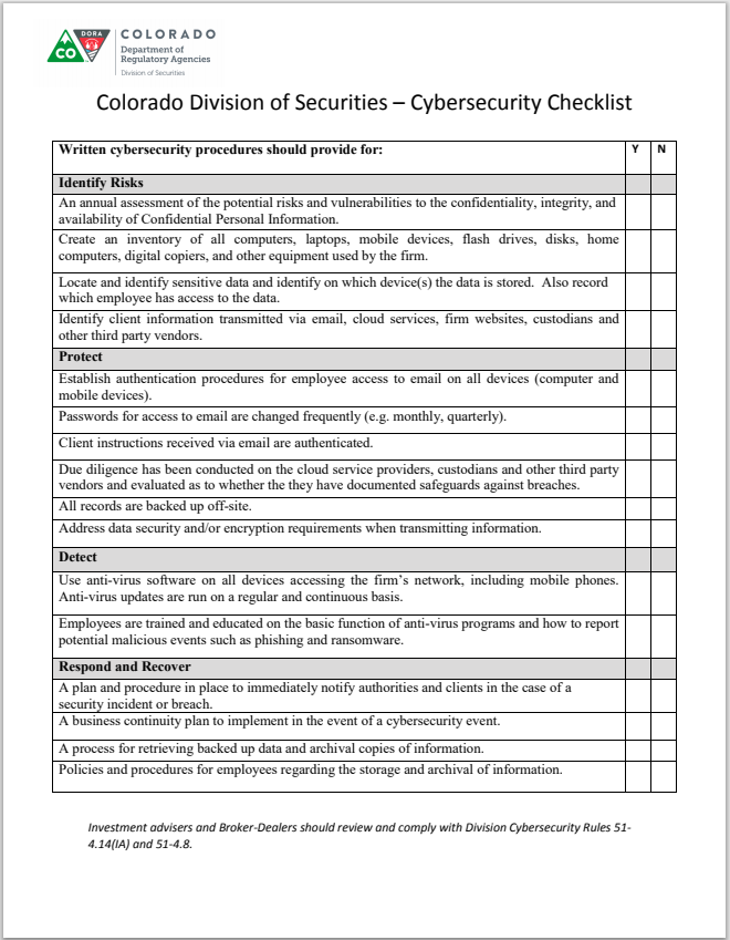 IA- Colorado Investment Adviser Cybersecurity Checklist and Rules