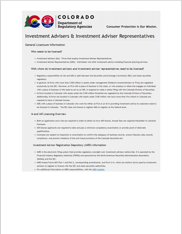IA- Colorado Investment Adviser and IA Rep. Registration Requirements