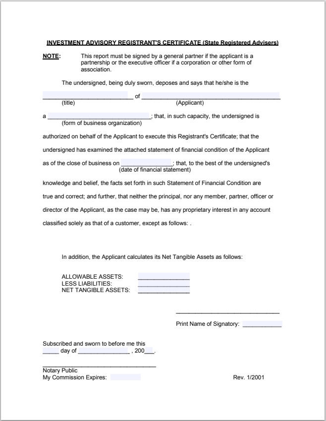 IA- Connecticut In-State Registered Adv. Invest. Advisory Registrant’s Certificate Form