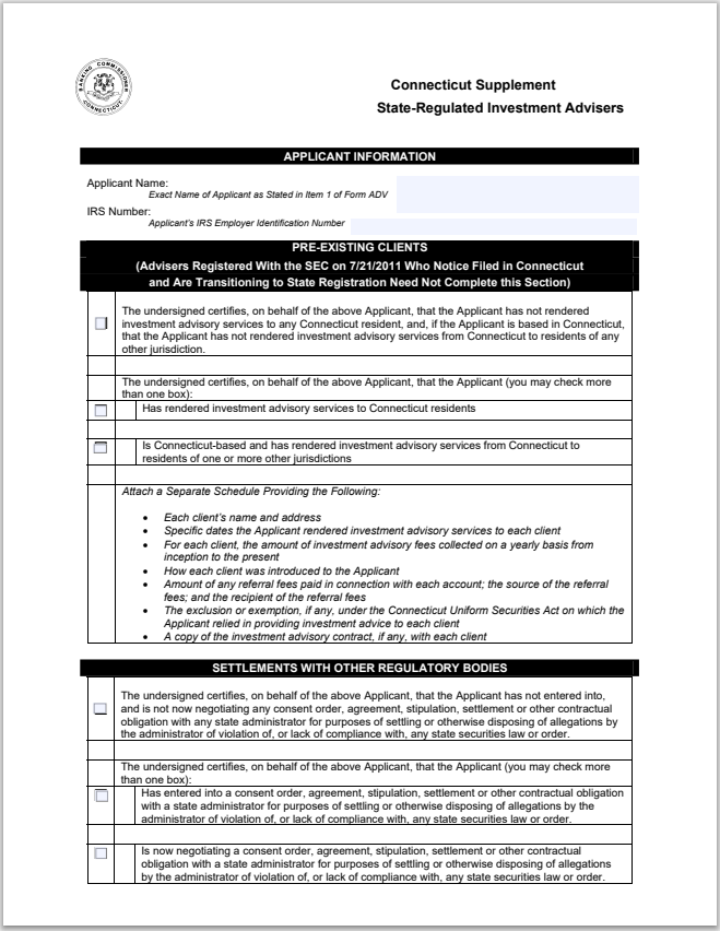 IA- Connecticut In-State Regulated Investment Adviser Supplement Form