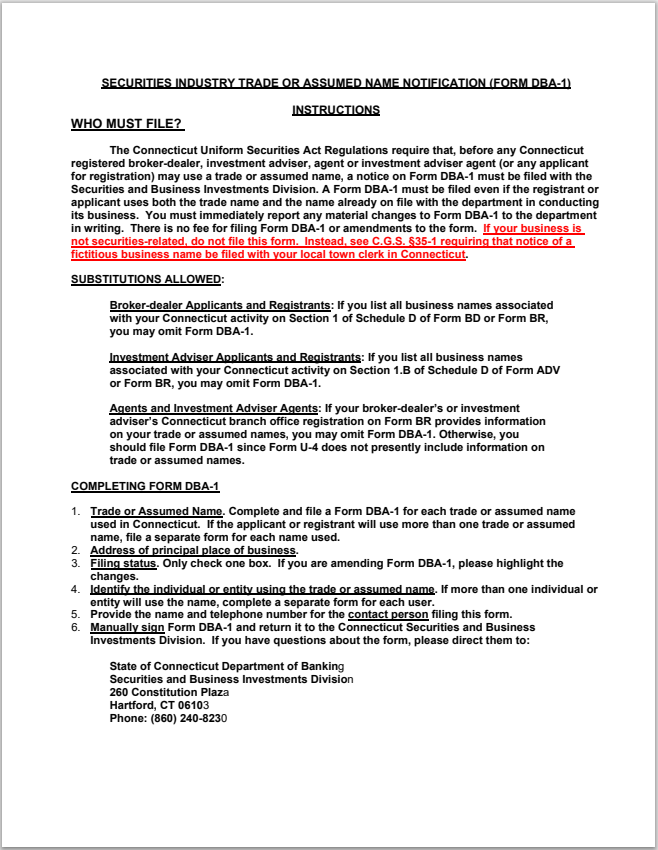 IA- Connecticut IA Securities Industry Trade or Assumed Name Notification Form DBA-1