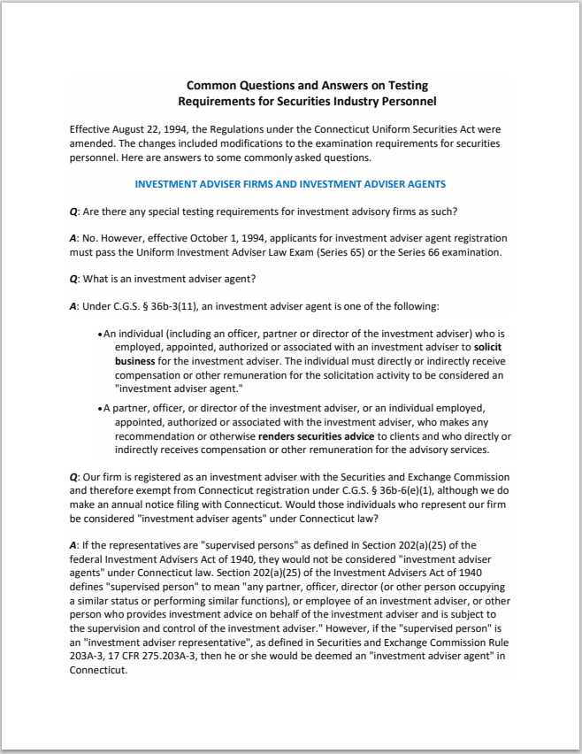 IA- Connecticut Invest. Adv. and Invest. Adv. Agent Examination Requirements