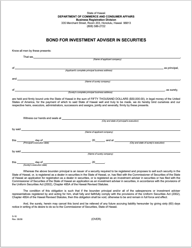 IA- Hawaii Investment Adviser Surety Bond Form