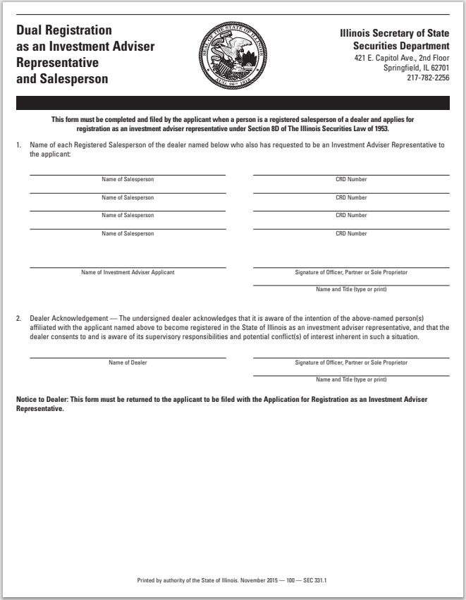 IA- Illinois Dual Registration as an IA Representative and a B-D Salesperson Form