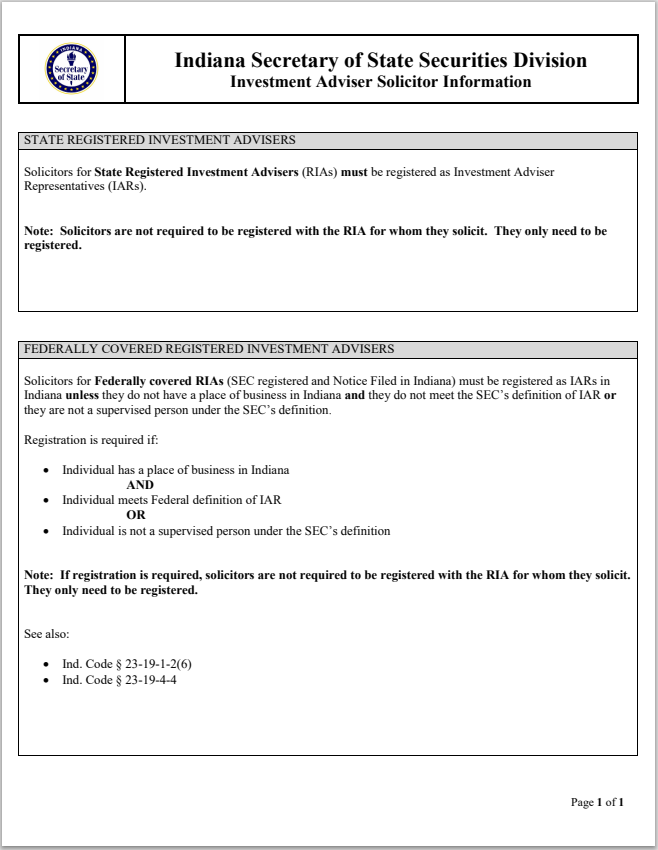 IA- Indiana Investment Adviser Solicitor Information