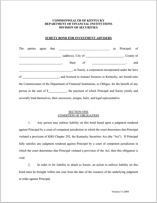 IA- Kentucky Investment Adviser Surety Bond Form