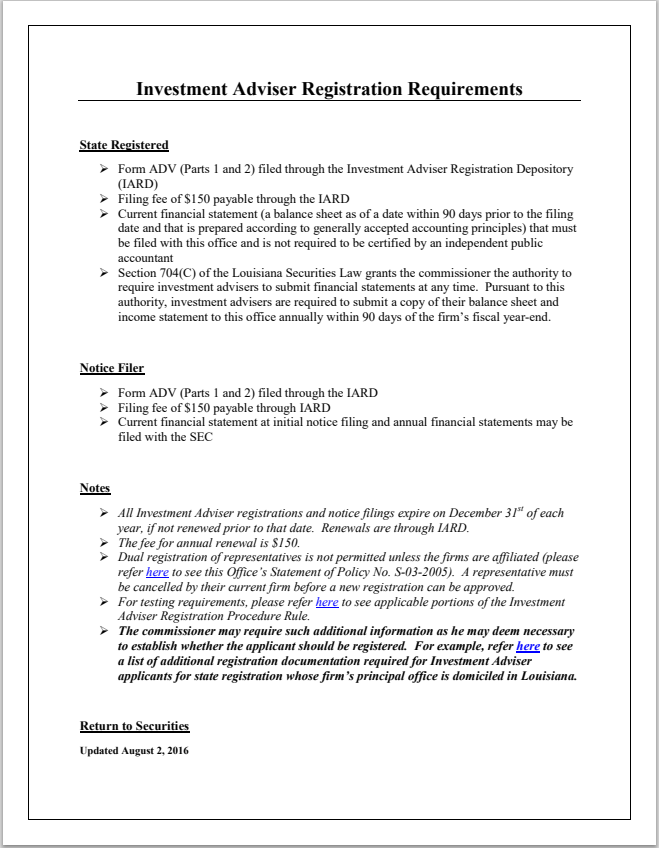 IA- Louisiana Investment Adviser Registration Requirements