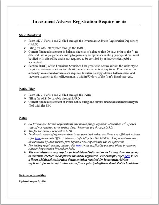 IA- Louisiana Investment Adviser Registration Requirements