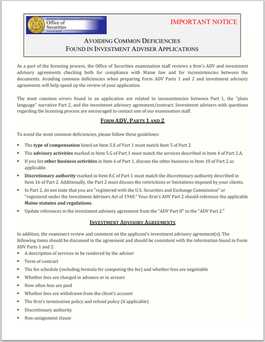 IA- Maine Investment Adviser Application Common Issues