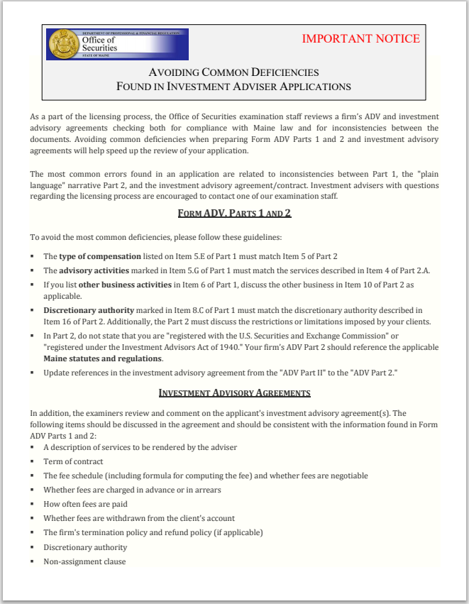 IA- Maine Investment Adviser Application Common Issues