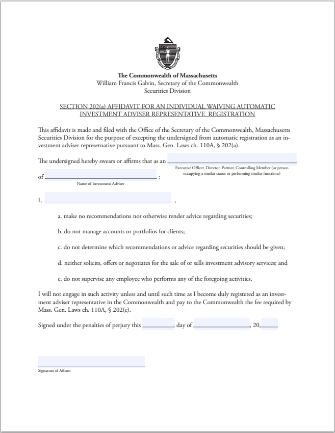 IA- Massachusetts Invest. Adv. Rep. Affidavit for Waiving Automatic Registration