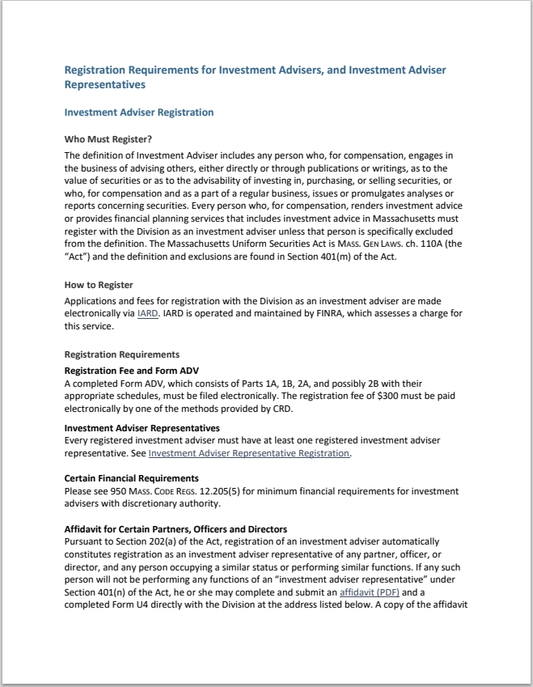 IA- Massachusetts Invest. Adv. and Invest. Adv. Rep. Registration Requirements