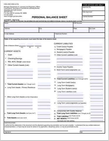 IA- Michigan Investment Adviser Representative Personal Balance Sheet Form