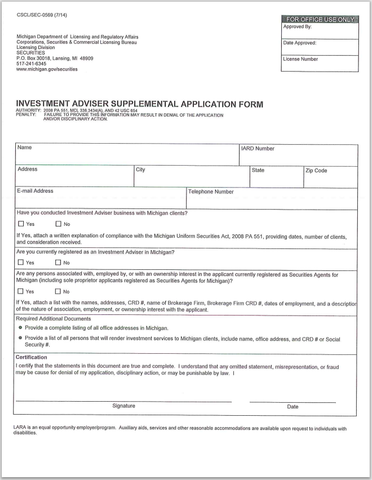 IA- Michigan Investment Adviser Supplemental Application Form