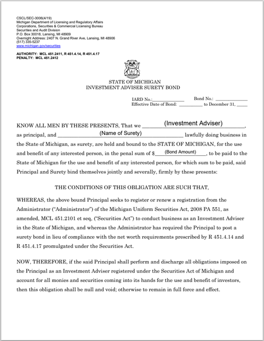 IA- Michigan Investment Adviser Surety Bond Form