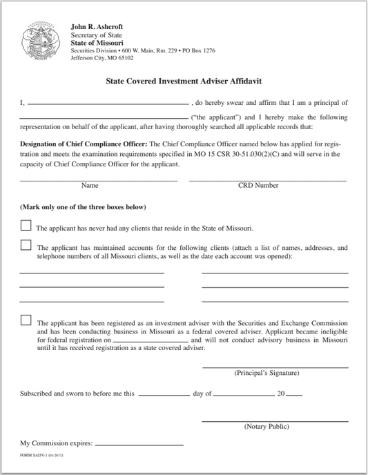 IA- Missouri State Covered Investment Adviser Affidavit Form SADV-1