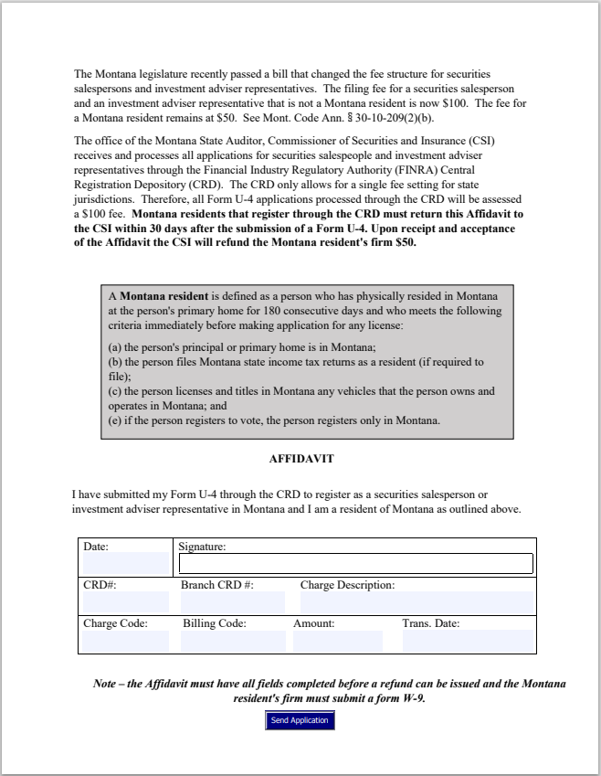 IA- Montana Investment Adviser Representative Resident Affidavit Form