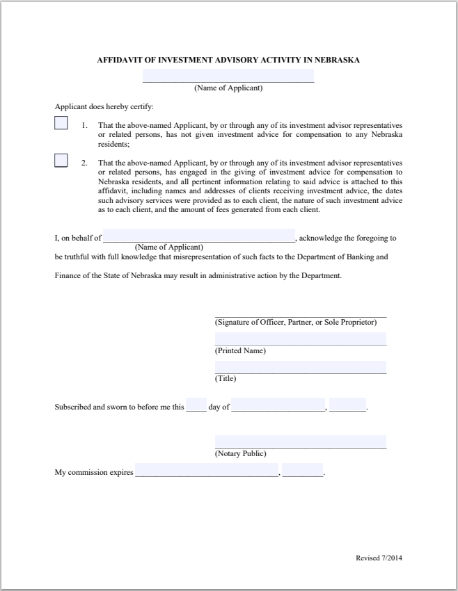 IA- Nebraska Investment Adviser Affidavit of Activity Form