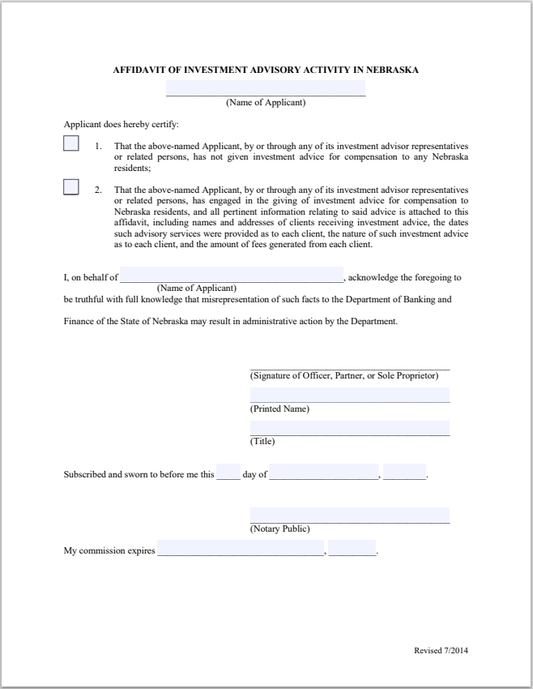 IA- Nebraska Investment Adviser Affidavit of Activity Form