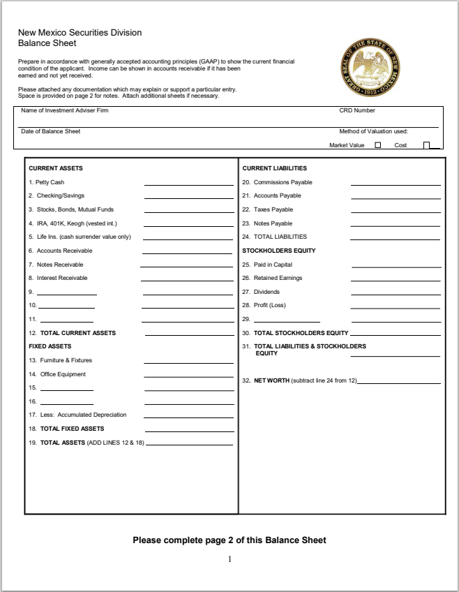 IA- New Mexico Investment Adviser Balance Sheet Form