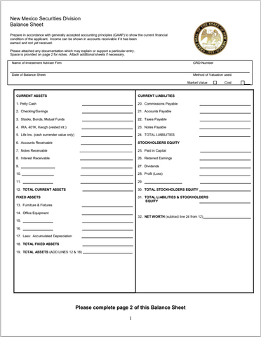 IA- New Mexico Investment Adviser Balance Sheet Form