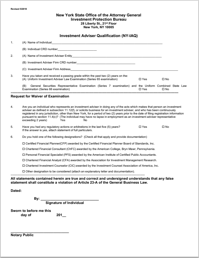 IA- New York Investment Adviser Qualification and Request for Waiver of Examination Form