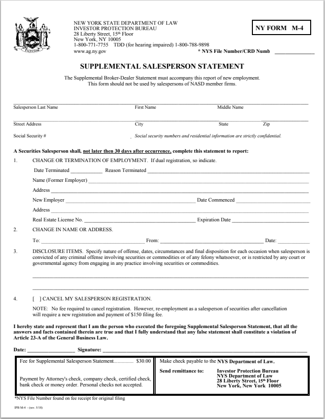 IA- New York Supplemental Salesperson Statement Form M-4