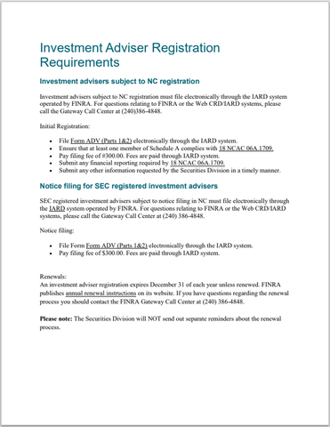 IA- North Carolina Investment Adviser Registration Requirements Guide