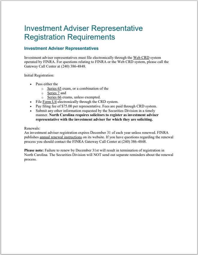 IA- North Carolina Investment Adviser Rep. Registration Requirements Guide